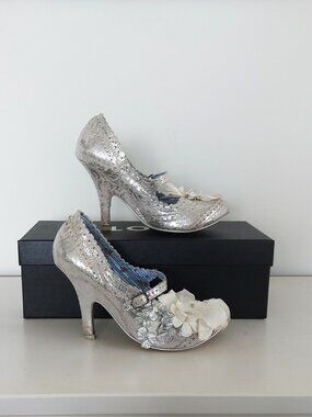 Irregular Choice Silver Lace Shoe with Silver & White Floral Detail - Size 36